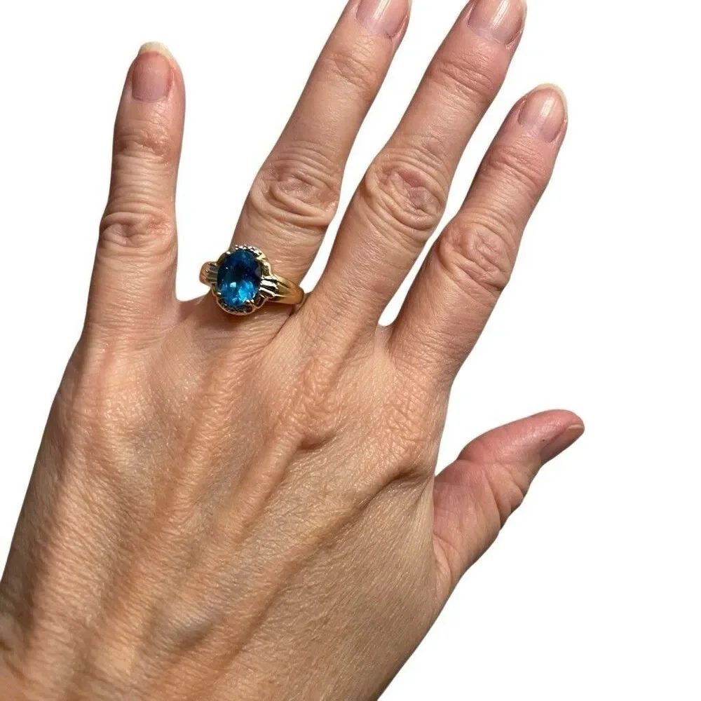Vintage 10K Yellow Gold  3 C‎ Oval Blue Topaz & Diamond Art Deco Ring  Size 7.5